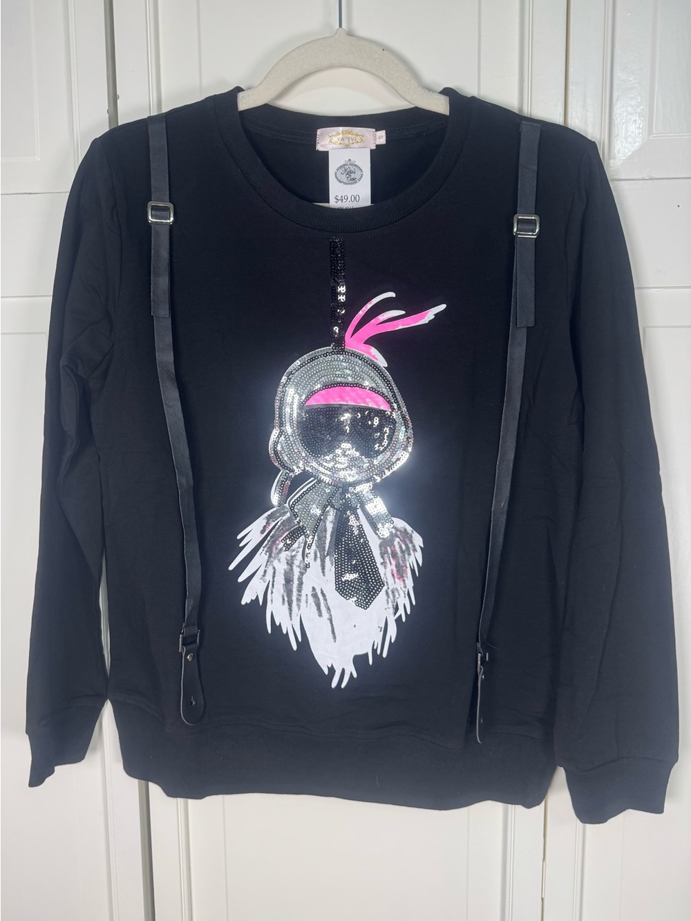YATIVI NWT Black Sequin Graphic Sweatshirt Faux Suspenders Size S